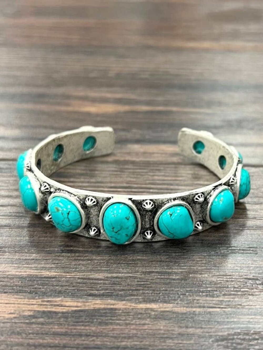 Oval Turquoise Cuff Bracelet Western Boho Rodeo Silver Tone Adjustable